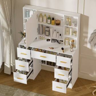 Tocador con bombilla LED estilo crema, estilo escandinavo, de lujo, de madera maciza, encimera de una pieza y amplio cajón de almacenamiento, tocador de princesa, color blanco [IN STOCK FAST SHIPPING]