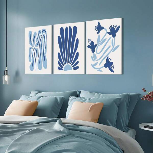 Conjunto de 3 obras de arte de pared con flor de Matisse en azul, decoración de pared de lienzo abstracto de Henri Matisse en azul claro, pósteres de arte floral bohemio para dormitorio, sala de estar y marcos