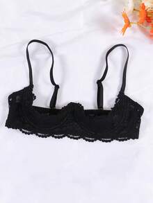 Women's Black Sexy Lace 1/3 Cup Bra, Adjustable Straps, Comfortable Fit, Recommend Sizing Up - Black - View 2