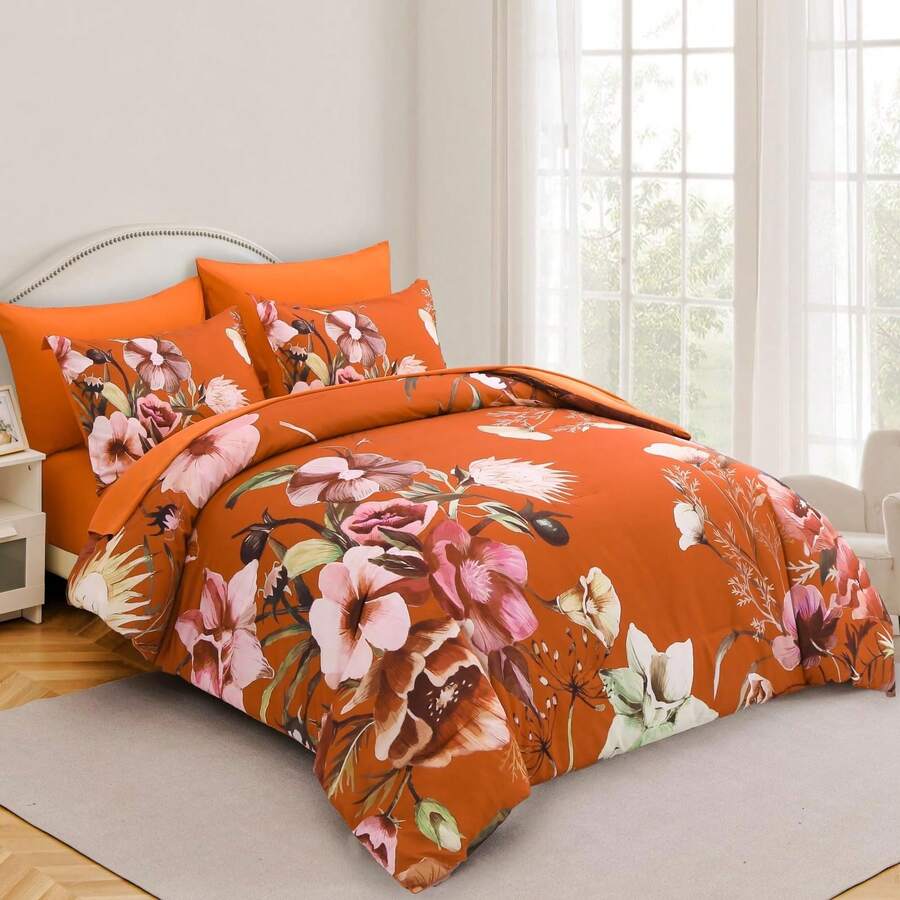 7 Pieces Floral Yellow/Aqua/Navy Blue Floral Comforter Set Queen King Bed In A Bag Botanical Floral Comforter Soft Soft Microfiber Complete Bedding Sets For Fall And Wedding Items,Valentines Day Home Bed Room Decor,Mothers Day Gift,All Season - Đất nung - Xem 1