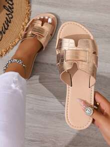 Women Casual Flat Sandals, Woven Roman Style Slip On Slides, Open Toe Slippers, Fashionable For Summer Dresses, Beach, Outdoor, Indoor