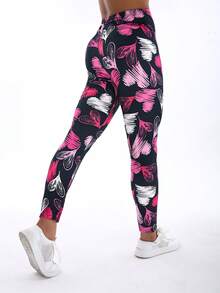 秋冬新品，时尚优雅的女士黑色泼墨印花紧身裤，粉色花卉柔软弹力九分裤，红色爱心字母图案七分紧身裤，适合健身、散步、户外、工作、派对、瑜伽、深蹲、举重、塑身