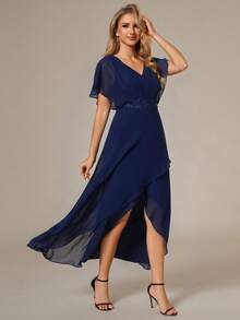 V 领蝙蝠袖开叉海军蓝新娘母亲礼服，优雅婚礼礼服 - 藏蓝色 - 查看 2