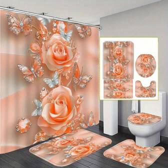 Mother's Day Spring Decoration Peach Blossom Shiny 1/4 Piece Home Decor Shower Curtain Set, Includes Shower Curtain With 12 Hooks, Anti-Slip Bath Mat, U-Shaped Toilet Lid Cover, Toilet Seat Cover, Bathroom Decor Fall Decor Bathroom Accessories Back To School