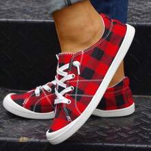 Women's Spring/Summer New New Big Red Checkered Flats Fashionable And Versatile, Comfortable Shallow Round Toe, Lightweight Lace-Up Low Top Soles, Breathable Casual Sports, Plus Size Women's Shoes - 紅色 - 查看 4