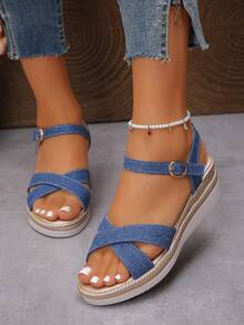 Women Summer New Wedge Thick Bottom Snake Print Sandals, Gold Color, Fashionable & Versatile, Back Strap Wedge Sandals Comfortable Blue Round Toe Buckle Strap Wedge Sandals, Vacation Style - Blue - View 5