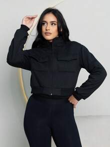 Women's Cropped Jacket With Pockets And Plush Zipper Winter Fashion - màu đen - Xem 1