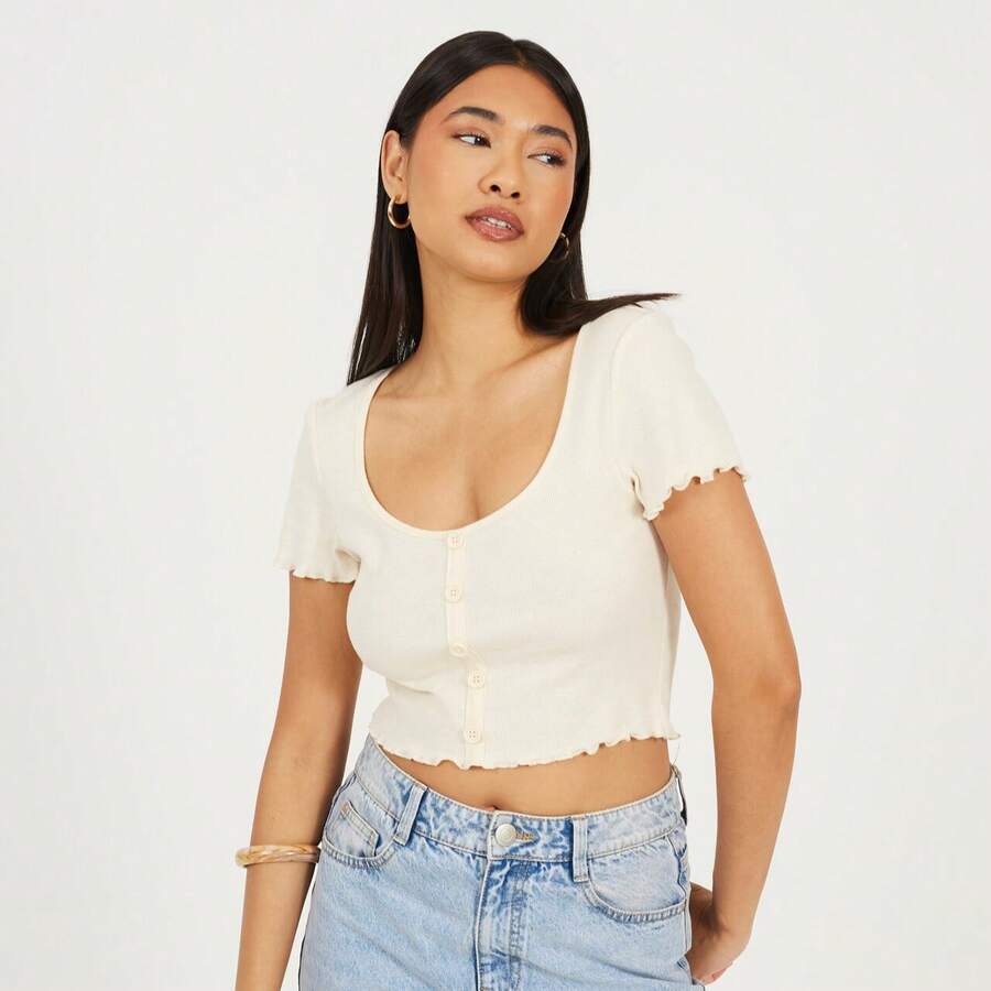 brave soul Lettuce Hem Button Through Shirt