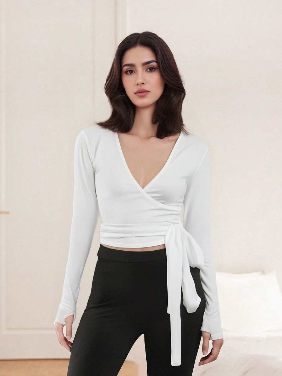 Women Pilates Workout Yoga Cross Wrap Top Y2k V Neck Long Sleeve Slim Fitted Self Tie T-Shirts Tops - White - View 1