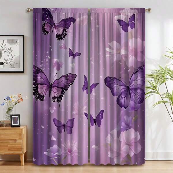 2pcs Vibrant Purple Butterfly Curtains - Rod Pocket Window Treatment With Floral & Starry Design For Bedroom, Office, Kitchen, Living Room, Study Decor, Curtains For Living Room