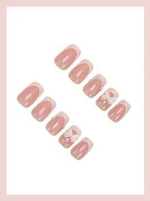 24 Stück mittlere quadratische Aufklebe-Nägel mit weißer französischer Spitze, rosa XXL/XXXL lange quadratische Nägel mit Schleife & Perlen verziert, süßer Stil Komplett-Abdeckung für Frauen und Mädchen, Sommer Nägel Kunst Charme, Täglicher Gebrauch Nagel Zubehör