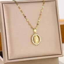 1pc Unique & Elegant Oval Cubic Zirconia Virgin Mary Pendant Necklace, Minimalist Religious Accessory Stainless Steel Chain, Suitable For Women Wedding, Party, Daily Wear