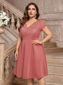 Vestito da cocktail elegante, a scollo a V, con contrasto di paillettes, decorazione floreale in pizzo, a ruota, adatto per feste di promo, feste di laurea, compleanni, e cerimonie