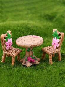 Juego de 3 piezas de mesa y sillas en miniatura para jardín de hadas, kit de decoración de muebles de casa de muñecas de resina caprichosa con flores rosas y hojas verdes, excelente para casas de muñecas, paisaje en miniatura y decoración artística, accesorios para jardín de hadas, de regreso a la escuela, decoración de otoño, decoración de Halloween, decoración para fiestas divertidas, regalos de cumpleaños, decoración de escritorio, decoración de habitación