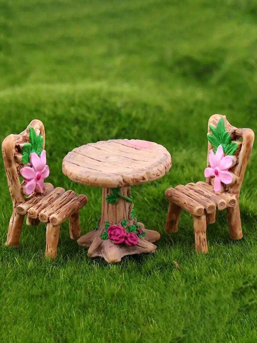 Juego de 3 piezas de mesa y sillas en miniatura para jardín de hadas, kit de decoración de muebles de casa de muñecas de resina caprichosa con flores rosas y hojas verdes, excelente para casas de muñecas, paisaje en miniatura y decoración artística, accesorios para jardín de hadas, de regreso a la escuela, decoración de otoño, decoración de Halloween, decoración para fiestas divertidas, regalos de cumpleaños, decoración de escritorio, decoración de habitación