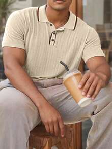 SANOPY Men's Zipper Polo Shirts Short Sleeve Ribbed Knit Polo T Shirts Fashion Casual Shirts - 卡其色 - 查看 4