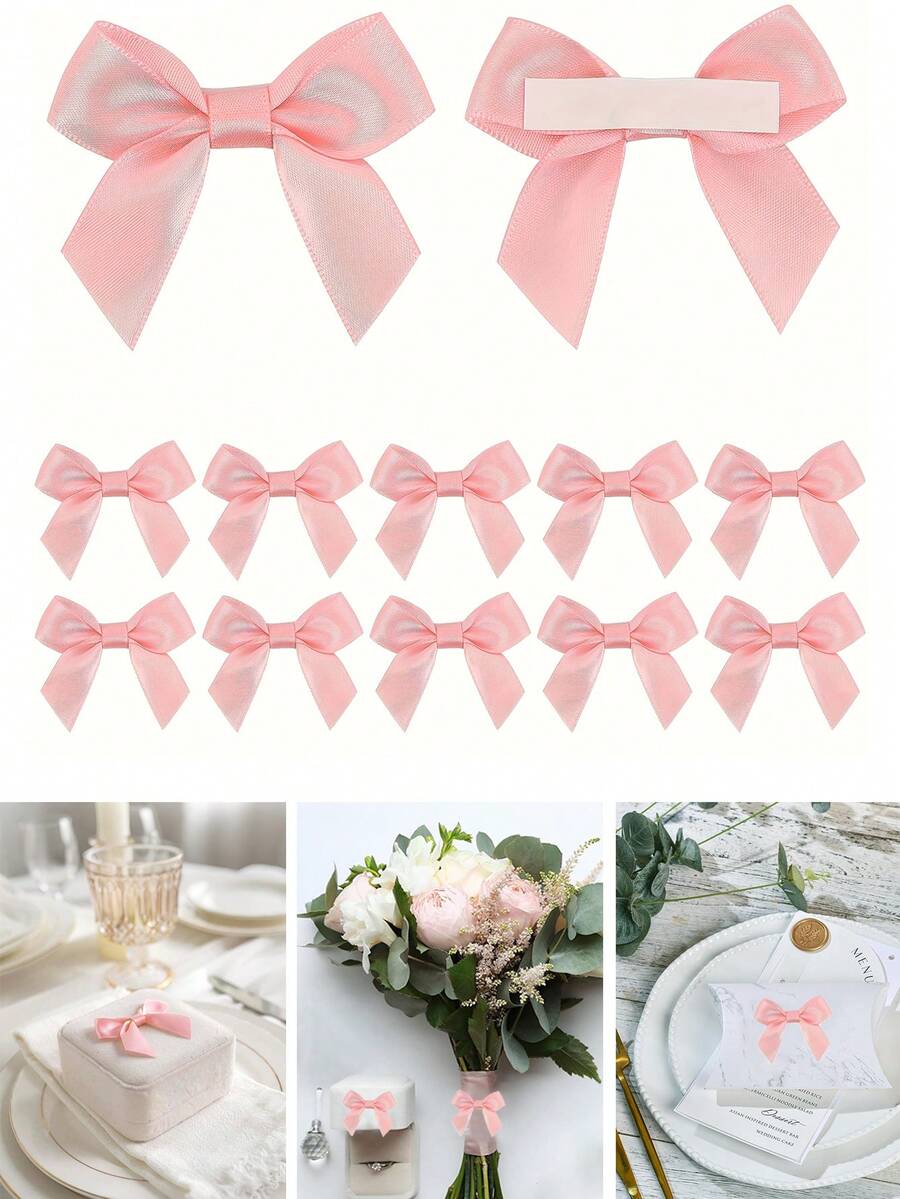 20 buah Pita Satin Merah Muda, Sudah Dilem, Pita Mini, Cocok untuk Pembungkus Kado, Menjahit, Scrapbooking, Pernikahan, Dekorasi Kue Pesta DIY, Dekorasi Kemasan Bunga, dll. - Berwarna merah muda - View 1