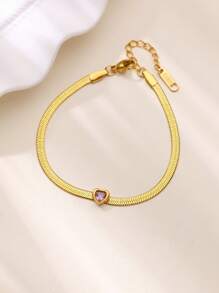 1 Peça Elegante Pulseira de Corrente de Cobra com Coração de Zircônia para Mulheres, Pulseira de Aço Inoxidável À Prova d'Água, Joias, Presentes de Aniversário e Casamento