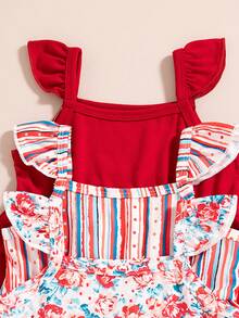 3pcs/Set Baby Girls Floral Striped Allover Print Sleeveless Top + Floral Striped Allover Print Shorts Set - Burgundy - View 7
