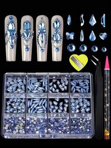 12 Gird/Box Red Pink Crystals Rhinestones For Nails Multi Size Diamonds AB FlatBack 3D Glitter Gems Purple DIY Nail Art Decorations - Navy Blue - View 5