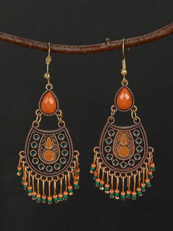 1 Pair Fashionable Western Boho Vintage Beaded Tassel Earrings, Suitable For Festival, Casual Outfit, Accessories For Women