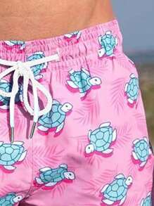 Pantalones cortos de playa casuales de verano para hombres con cordón, estampado completo de tortuga, de secado rápido, para uso diario y vacaciones, estilo hawaiano