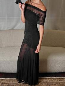 女士夏季褶皱网眼拼布抹胸长裙紧身优雅性感派对礼服舞会服装，适合鸡尾酒会