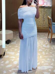Abito lungo estivo da donna in tubo, effetto accartocciato in in rete con inserti, bodycon, elegante e sexy, da festa e cerimonia