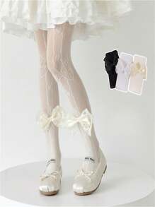 1 paire de leggings princesse délicats en dentelle pour filles - collants respirants et fins pour le printemps et l'été, collants à pattes d'éléphant en maille blanche avec un ourlet à volants et un accent nœud