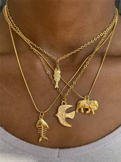 New Stainless Steel Ocean Elements Fish & Elephant Pendant Necklace, Summer Beach Vacation Jewelry For Women