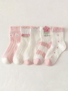 5 Pairs Girls Pink Plaid Bunny Lace Breathable Mid-Calf Socks, Fresh Cute Fashion, Skin-Friendly Soft Casual Versatile, Suitable For Daily Wear, Holidays Gift, Matching Princess Shoes