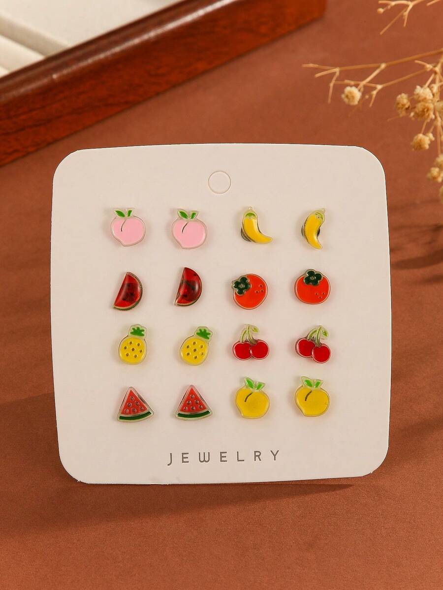 8 Pairs/Set Stylish Cute Cartoon Dopamine Fruit Element Earrings Set For Women, Suitable For All Seasons, Parties, Gifts And Work Wear - Multicolor - View 1