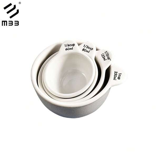 1 zestaw kreatywnych małych ceramicznych miarek w kształcie misek, nowa porcelana kostna, szkliwiony marmur, urocze małe miski, zestaw 4 sztuk, ceramiczna miarka do mleka, miska do jajek, miska do pieczenia, miarki, ceramiczne, standardowe pomiary, zestaw 4 misek z uchwytem, zawiera 1 filiżankę, 1/2 filiżanki, 1/3 filiżanki i 1/4 filiżanki, zmywarka