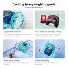 Un nuevo coche de control remoto acuático y de acrobacias con ruedas azules frías de 2 lados, con control dual de 2.4G, 4 llantas, sensor de movimiento y giro de 360°, regalo para niños - Azul - Ver 3