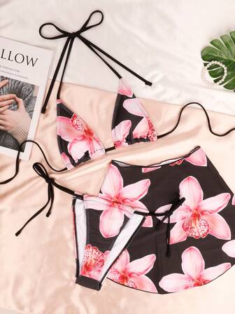 Bikini Set 3pcs/Set Women Summer Beach Vacation Outfit - Halter Triangle Backless Bikini Top, Floral Printed Tie-Side Bottom, And Floral Printed Skirt