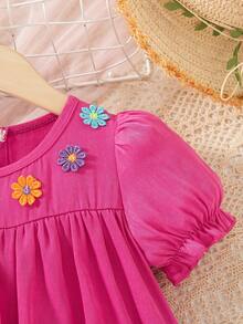 Young Girls Colorful 3D Floral Puff Sleeve Solid Ruched Denim Effect Dress - Hot Pink - View 8