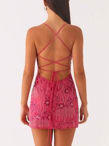 Womens Sequin Mini Dress Y2k Sparkly Floral Spaghetti Strap V Neck Bodycon Short Dress Sexy Backless Pearl Embellished Glitter Rhinestone Going Out Cami Dress Cocktail Party Club Streetwear - 玫紅色 - 查看 2