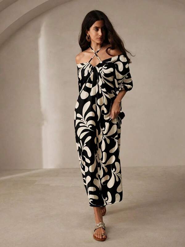 Plus Size Summer Halter Neck Long Sleeve Dress, Fashionable