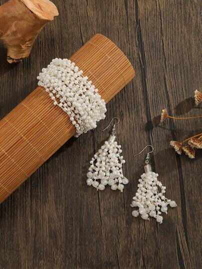 手工钩针串珠首饰套装，波西米亚风格串珠首饰套装，复古纯色红/白/绿手链和耳环 2 件套，春夏新品，适合日常/度假，女士时尚配饰，节日和礼物之选