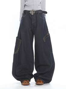 1 pieza Pantalón de mezclilla de carga tipo cargo holgado con parches para hombres, pantalones de cargo estilo calle americana, pierna ancha, de moda y versátil