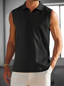 Mens Sleeveless Summer Shirts Beach Tank Tops Button Up Textured Tank Shirt For Vacation - Black - View 6