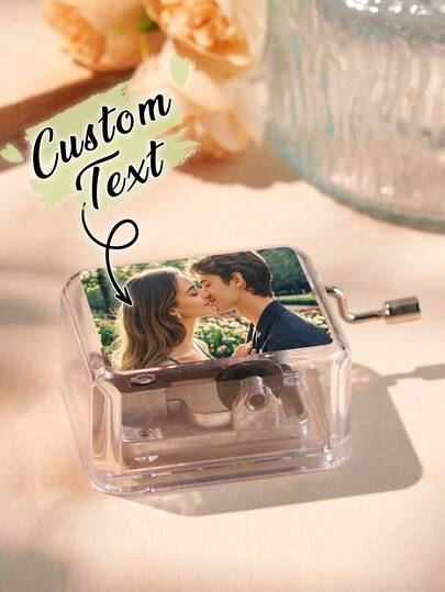 1pc Custom Hand Crank Music Box, Personalized Acrylic Music Box With Photo, Happy Birthday Theme, Canon, Jingle Bells, To Alice, Castle In The Sky Classic Music Optional, Mother's Day Gift, Best Gift For Mom, Dad, Friends, Colleagues, Daughter Or Son, Cute Decoration