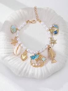 1 Pieza Pulsera con dije de concha, estrella de mar y pez, pulseras de cuentas estilo bohemio de verano, joyería para mujeres, pulseras con encantos de vida marina para vacaciones - Multicolor - Ver 1