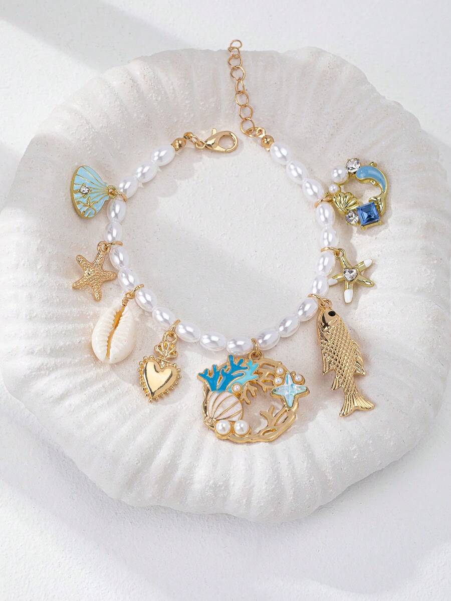 1 Pieza Pulsera con dije de concha, estrella de mar y pez, pulseras de cuentas estilo bohemio de verano, joyería para mujeres, pulseras con encantos de vida marina para vacaciones - Multicolor - Ver 1