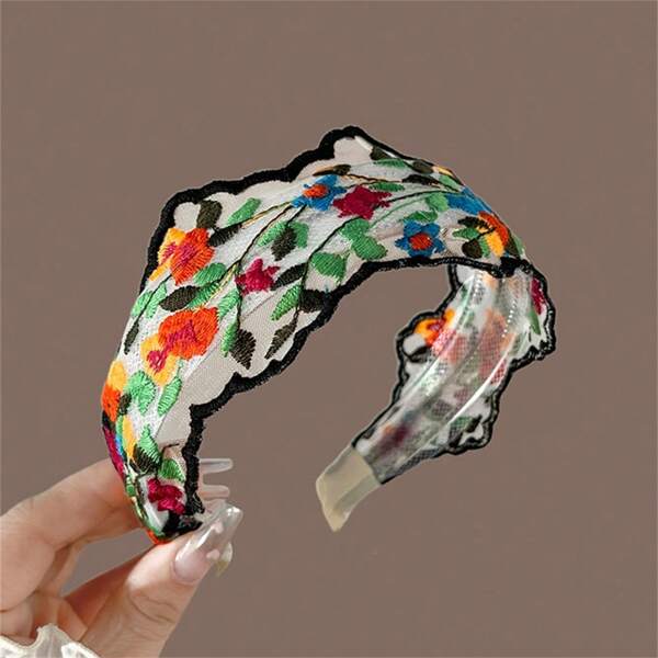 1pc Colorful Flower Embroidered Mesh Headband For Women, Hair Hoop Headwear For Washing Face & Hair Styling, Versatile