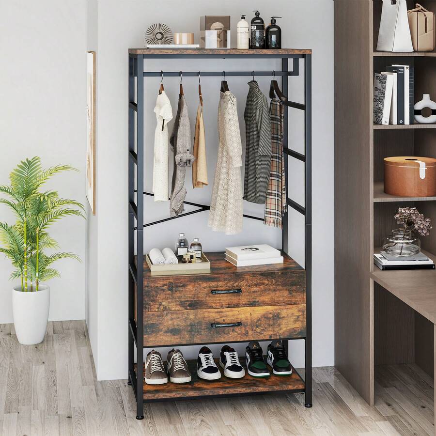 Multi-Functional Coat Rack Stand - Industrial Hall Tree Design With Shoe Storage, 2 Drawers & Large Clothes Rail (Entryway To Bedroom) - Rust Brown - View 1