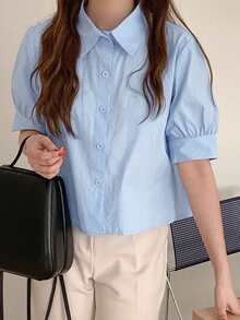 女式夏季后背荷叶边短袖衬衫 - 藍色 - 查看 4