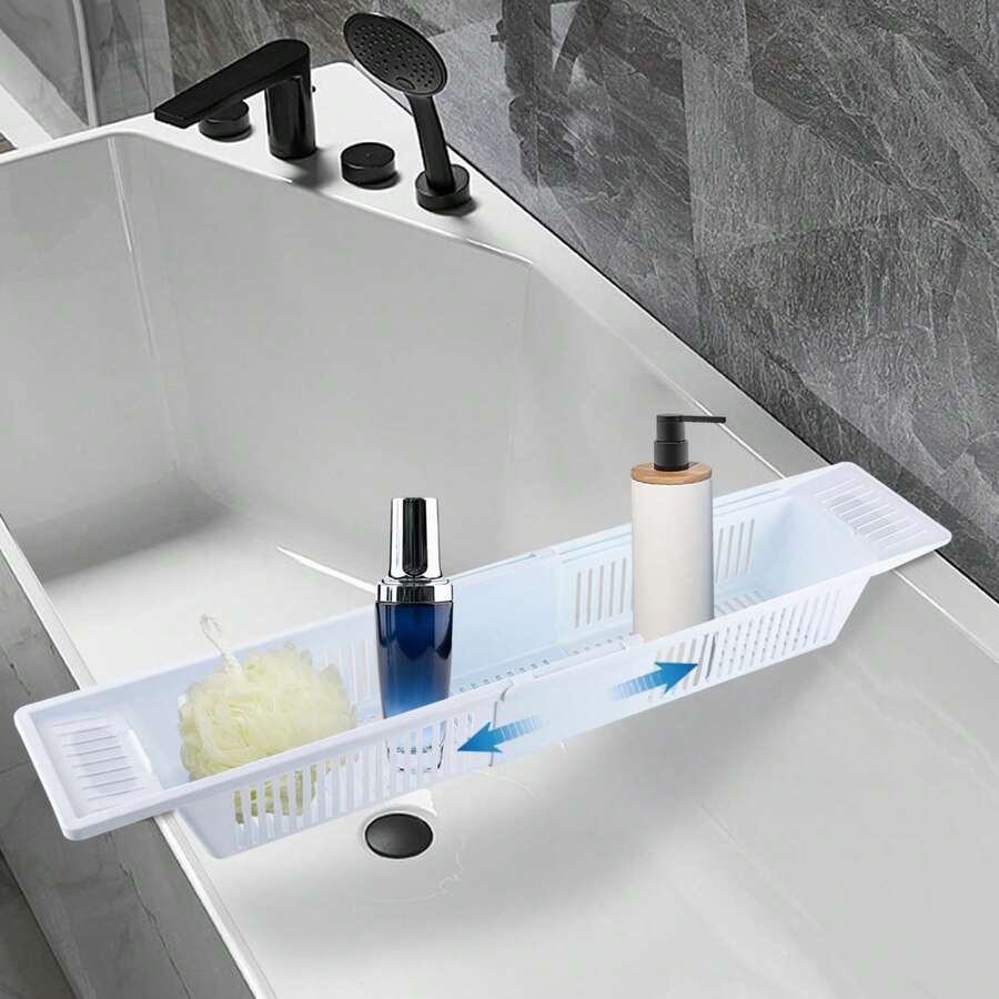 Estantería de baño de plástico, cesta de almacenamiento de juguetes de baño, organizador y almacenamiento de baño multifuncional, accesorios de baño retráctiles y de secado rápido, decoración de baño blanca para el verano - Blanco - Ver 1
