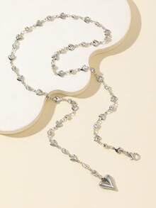 1pc Solid Silver Heart Shaped Pendant Necklace With Rhinestones, Bling Bling Accessory For Daily Wear, Date, Party, Holiday, Deep V Neck, Anniversary, Birthday Gift, Bohemian Style, Elegant, Minimalist, Fashionable, Sexy, Cute - Silver - View 4