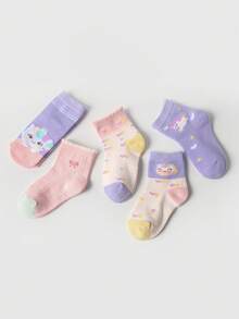 5 Pairs Kids Cartoon Cute Unicorn Pattern Girls Toddler Socks With Bow Decor, Versatile For Daily Casual Life